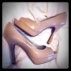 Tan peep toe platform heels